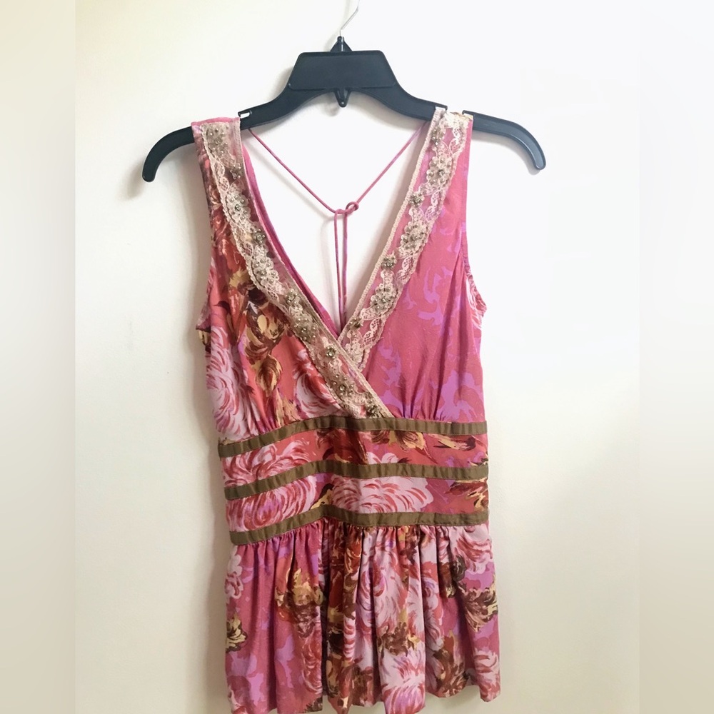 Tracy Reese silk babydoll tank embellished with lace, rhinestones, and pearls